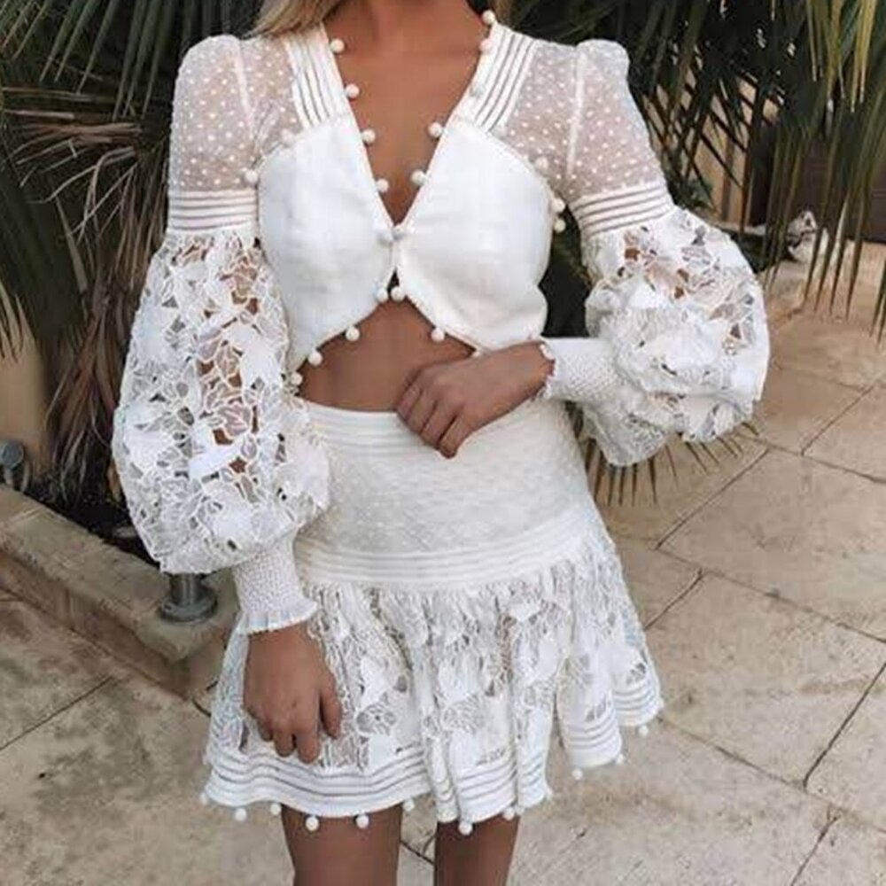 Zimmermann Corsage Pompom Embellished Guipure Lace Swiss Dot Tulle Mini b75